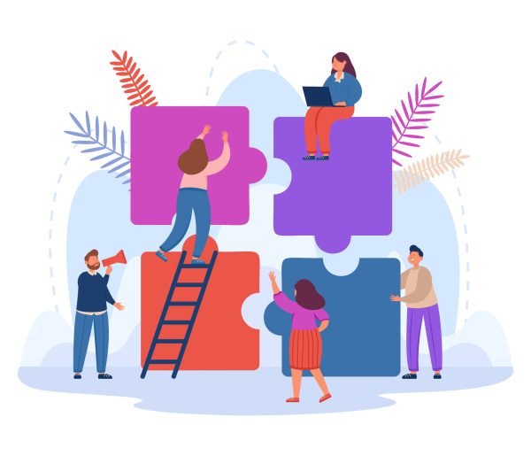 Tiny business persons working on jigsaw puzzle together Tiny business persons working on jigsaw puzzle together. Metaphor for cooperation or partnership, collaboration between team of people flat vector illustration. Communication, teamwork concept